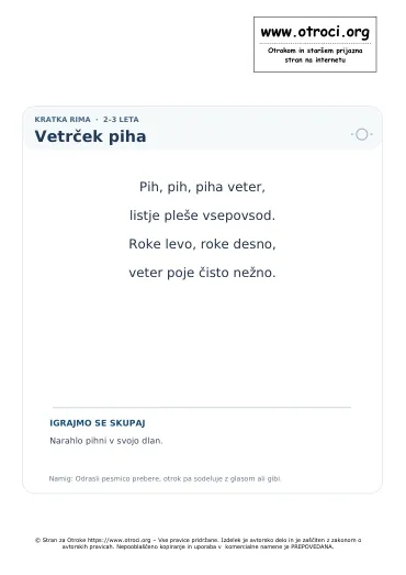 Predogled pesmice Vetrček piha
