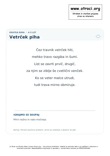 Predogled pesmice Vetrček piha