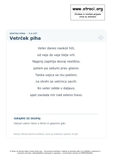 Predogled pesmice Vetrček piha