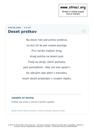 Predogled pesmice Deset prstkov