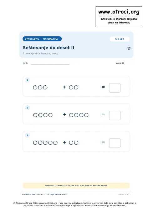 Seštevanje do deset II