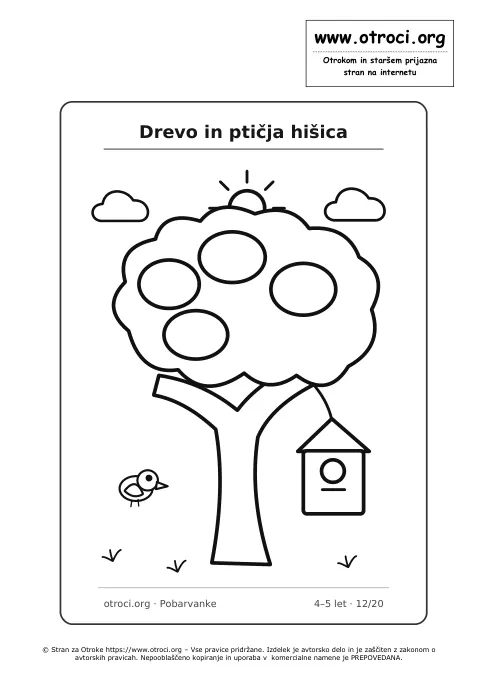 Pobarvanka: Drevo in ptičja hišica