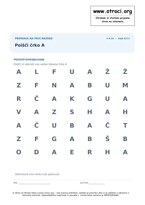 Predogled: Poišči črko A