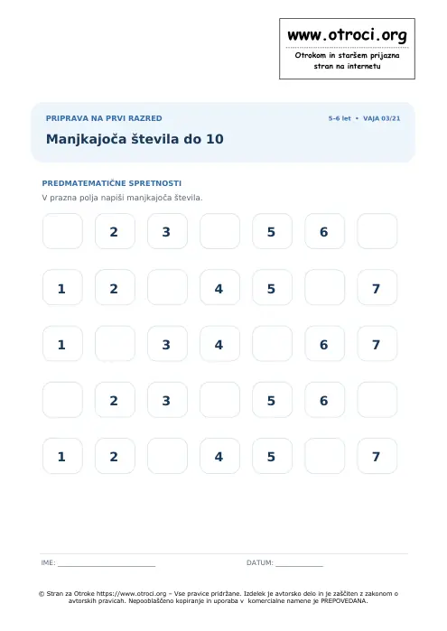 Predogled: Manjkajoča števila do 10