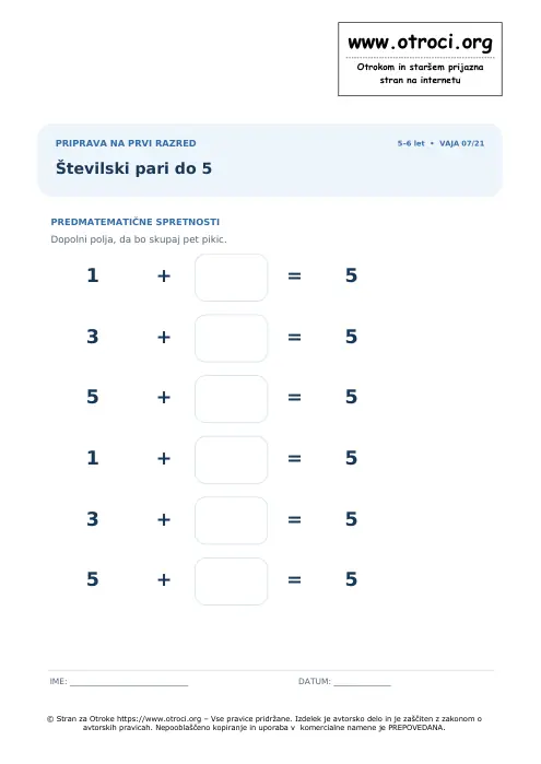 Predogled: Številski pari do 5