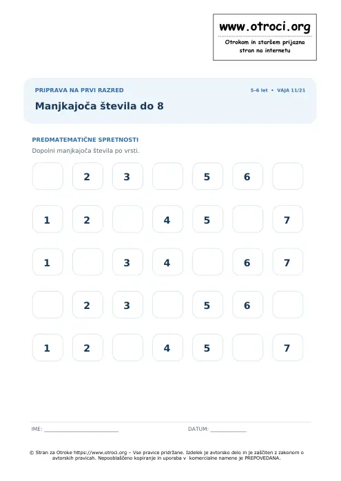 Predogled: Manjkajoča števila do 8